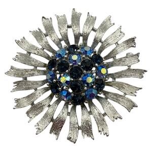 Vintage Lisner Blue & Aurora Borealis Rhinestone Sunburst Brooch